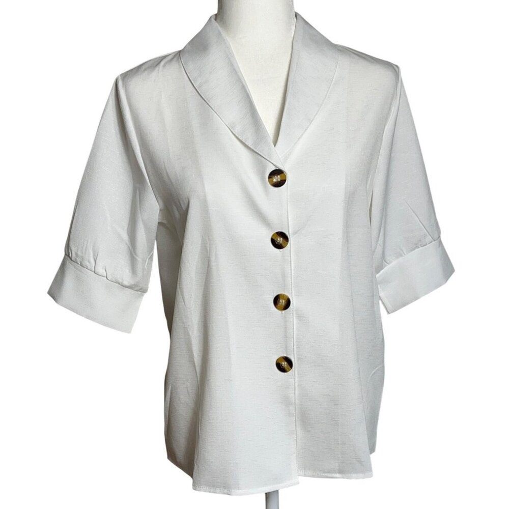 New Retro Blouse Button Up Shirt Poly Basic 50s Classic Top Womens S